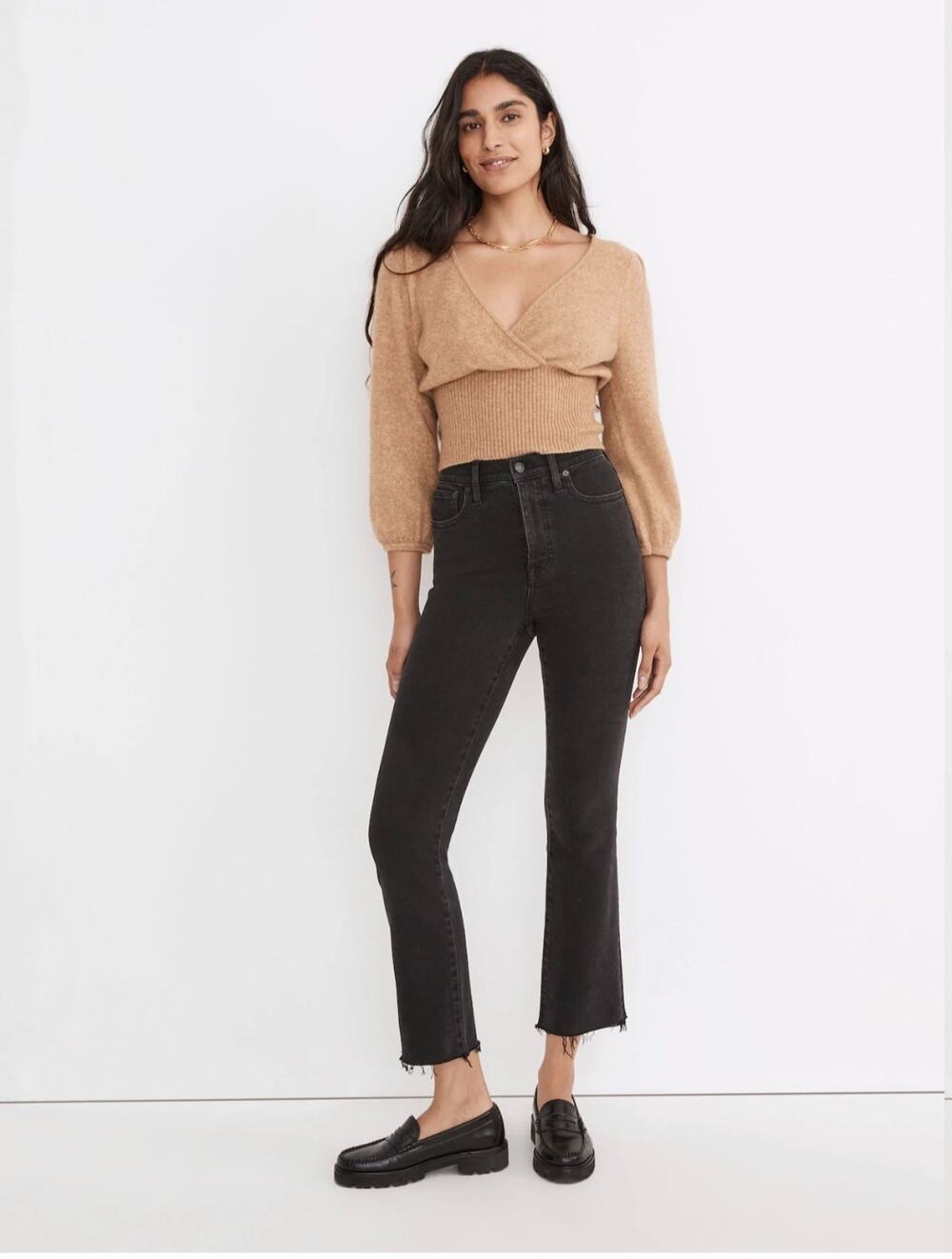 Madewell Cali Demi Boot Jeans Denim Mini Flare Women Sz 27 Cropped Raw Hem Black